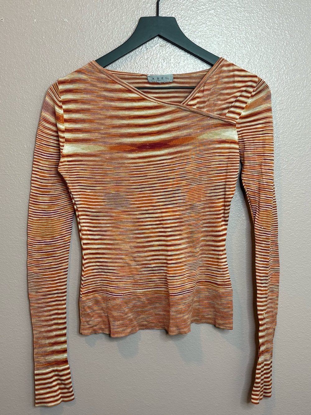Sculpted Neck Ribbed Long-Sleeve Top in Rust Stripe